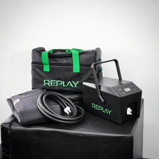 REPLAY Pro with One Wrap + Air Pump featuring bag, wrap, and pump for pain relief and recovery.