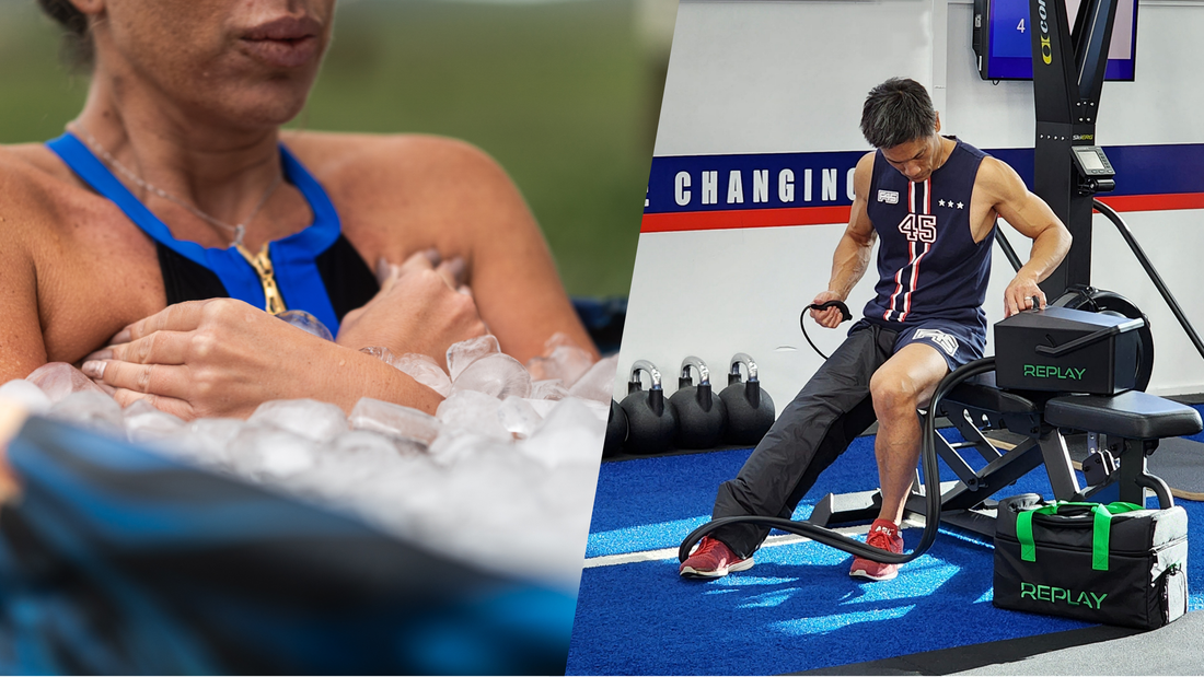 Comparison of athlete using an ice bath and another athlete using a Replay Pro ice compression unit, showing two recovery methods for reducing soreness and swelling after sport.