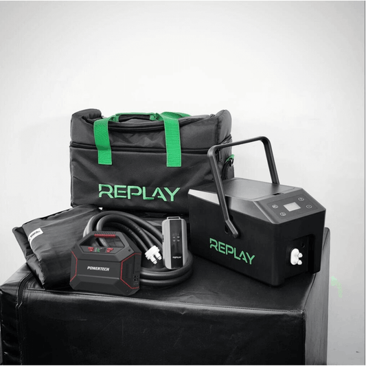 REPLAY Pro with One Wrap + Air Pump + Battery Pack displayed with accessories for muscle recovery.